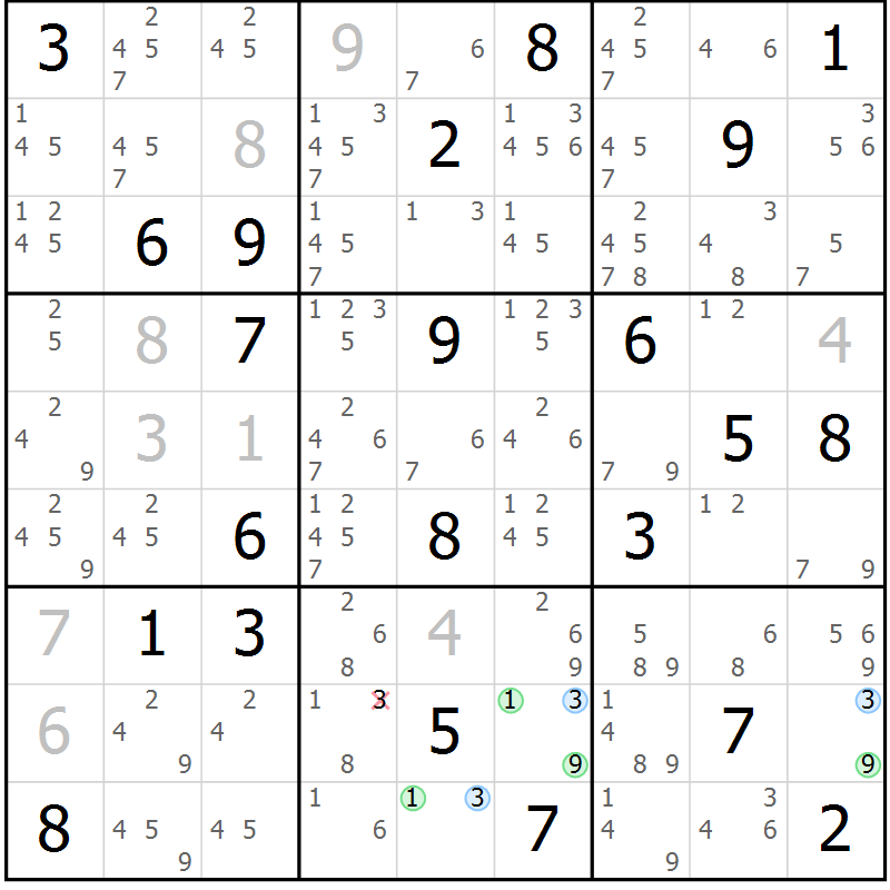 Position des candidats pour la solution de la Gr 10 page 13 du magazine de sudoku Suprême n° 023