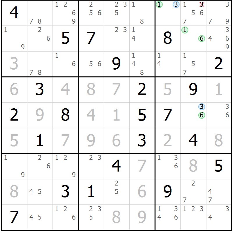 Position des candidats pour la solution de la Gr 15 page 18 du magazine de sudoku Suprême n° 023