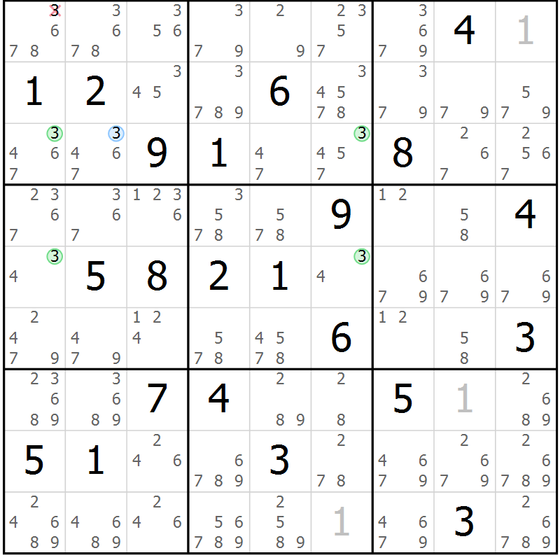 Position des candidats pour la solution de la Gr 16 page 19 du magazine de sudoku Suprême n° 023
