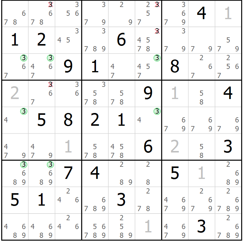 Position des candidats pour la solution de la Gr 16 page 19 du magazine de sudoku Suprême n° 023