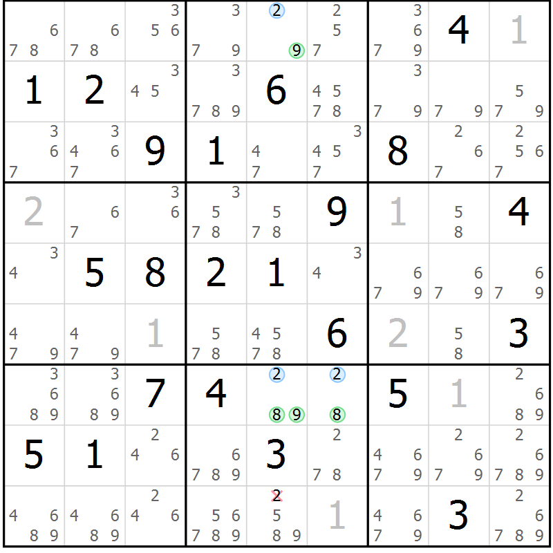 Position des candidats pour la solution de la Gr 16 page 19 du magazine de sudoku Suprême n° 023
