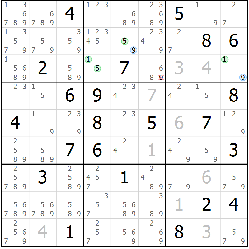 Position des candidats pour la solution de la Gr 17 page 20 du magazine de sudoku Suprême n° 023