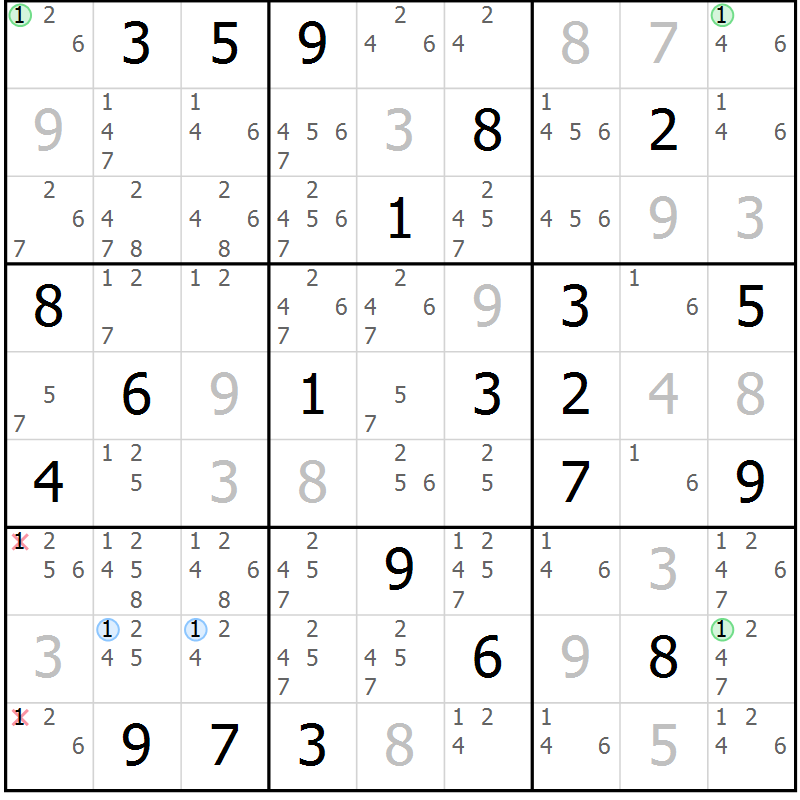 Position des candidats pour la solution de la Gr 18 page 21 du magazine de sudoku Suprême n° 023