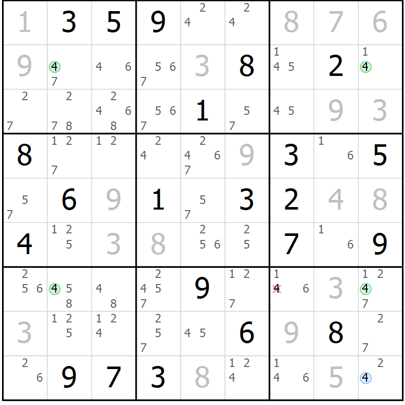 Position des candidats pour la solution de la Gr 18 page 21 du magazine de sudoku Suprême n° 023