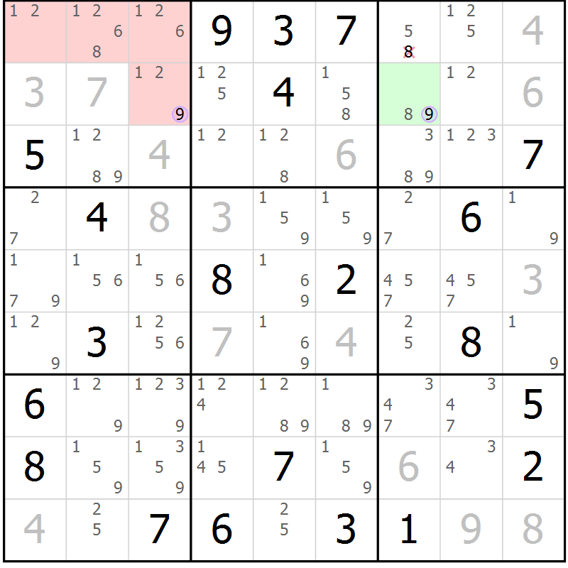 Position des candidats pour la solution de la Gr 2 page 5 du magazine de sudoku Suprême n° 023