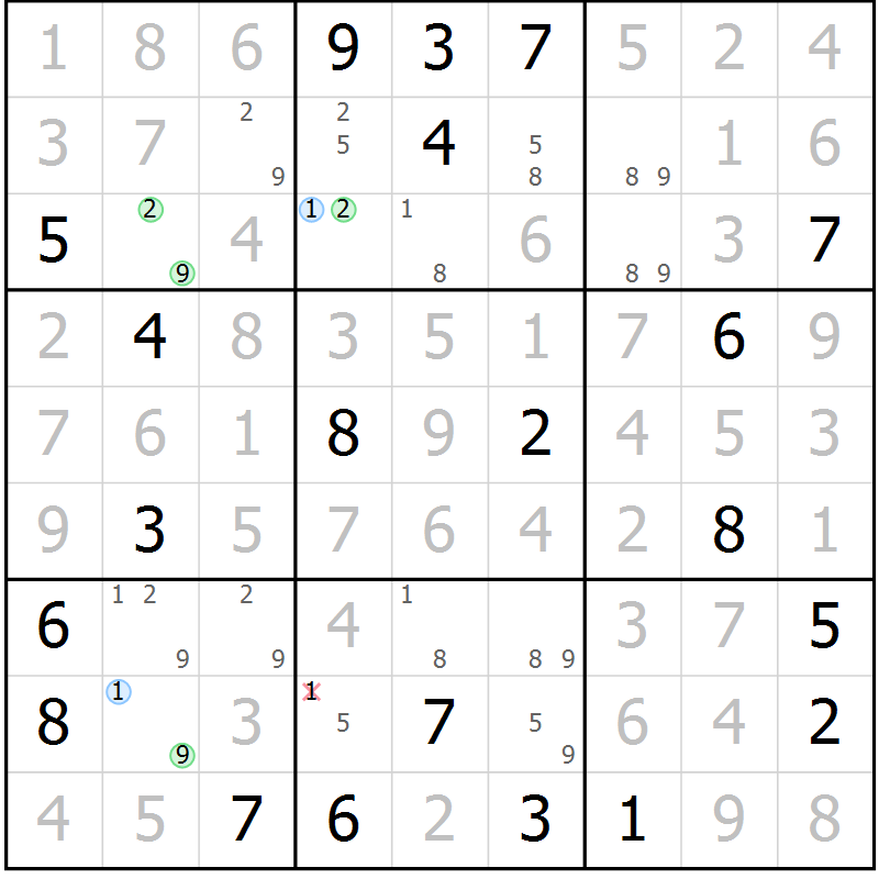 Position des candidats pour la solution de la Gr 2 page 5 du magazine de sudoku Suprême n° 023