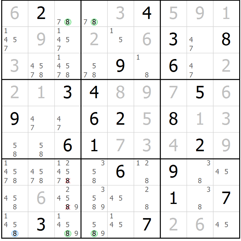 Position des candidats pour la solution de la Gr 22 page 25 du magazine de sudoku Suprême n° 023