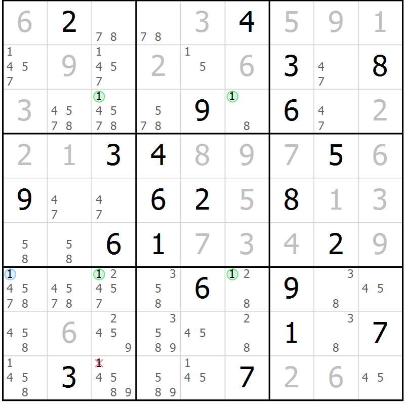 Position des candidats pour la solution de la Gr 22 page 25 du magazine de sudoku Suprême n° 023