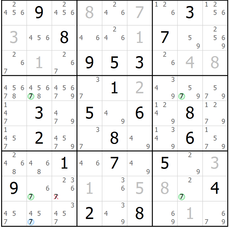 Position des candidats pour la solution de la Gr 23 page 26 du magazine de sudoku Suprême n° 023