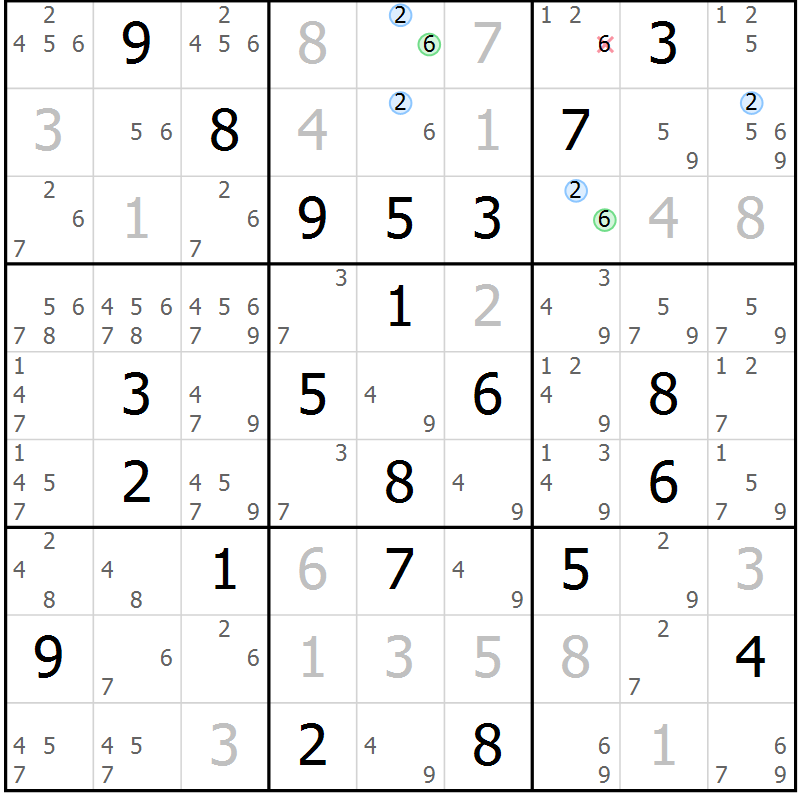 Position des candidats pour la solution de la Gr 23 page 26 du magazine de sudoku Suprême n° 023