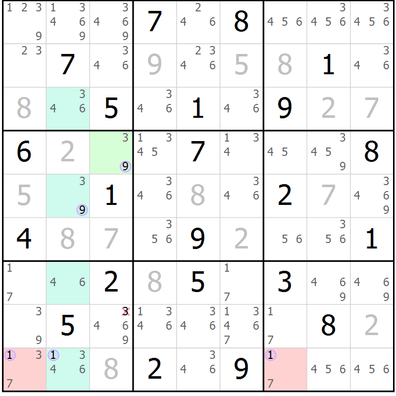 Position des candidats pour la solution de la Gr 25 page 28 du magazine de sudoku Suprême n° 023