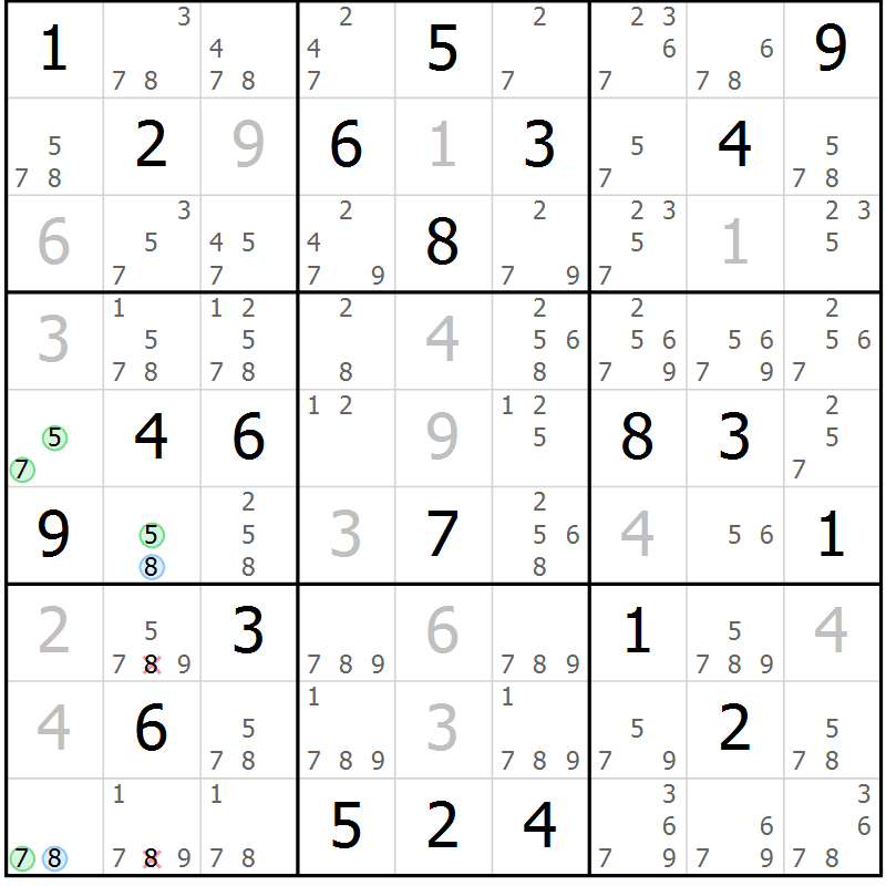 Position des candidats pour la solution de la Gr 27 page 30 du magazine de sudoku Suprême n° 023