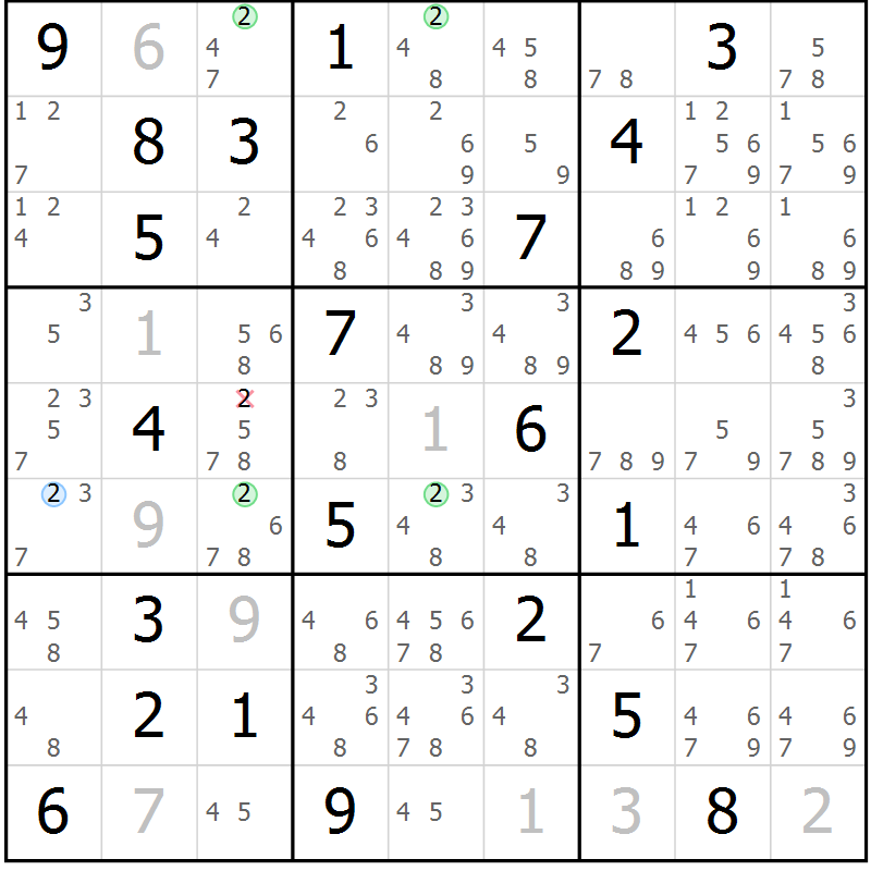 Position des candidats pour la solution de la Gr 28 page 31 du magazine de sudoku Suprême n° 023