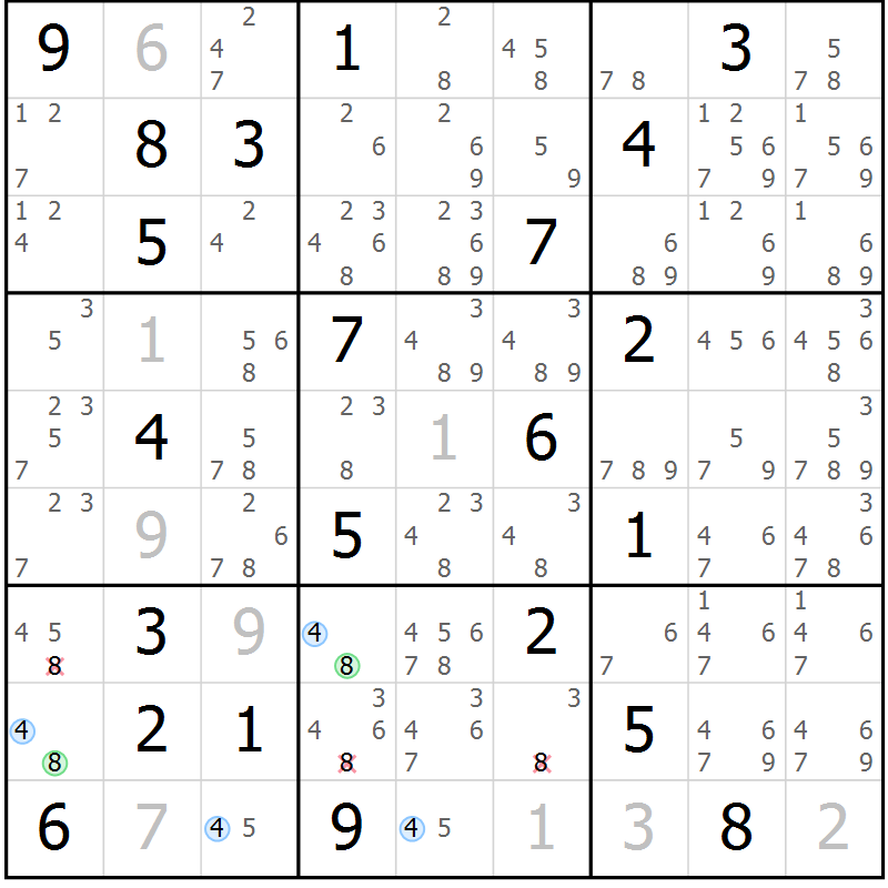 Position des candidats pour la solution de la Gr 28 page 31 du magazine de sudoku Suprême n° 023