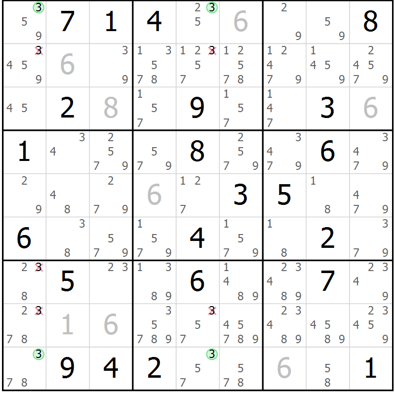 Position des candidats pour la solution de la Gr 3 page 6 du magazine de sudoku Suprême n° 023