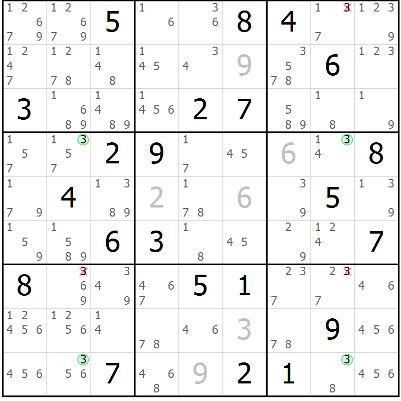Position des candidats pour la solution de la Gr 30 page 33 du magazine de sudoku Suprême n° 023