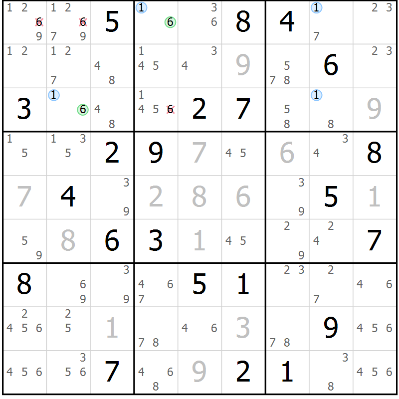 Position des candidats pour la solution de la Gr 30 page 33 du magazine de sudoku Suprême n° 023