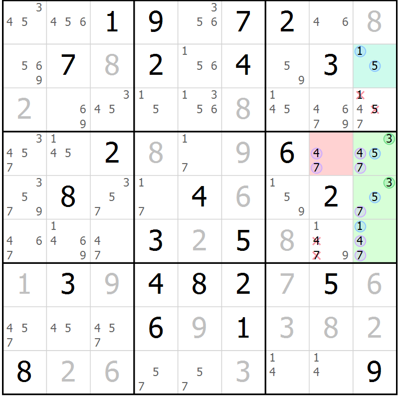 Position des candidats pour la solution de la Gr 37 page 40 du magazine de sudoku Suprême n° 023