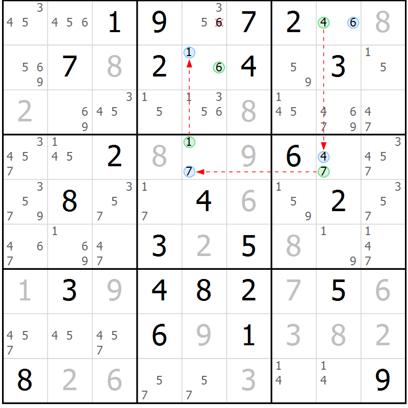 Position des candidats pour la solution de la Gr 37 page 40 du magazine de sudoku Suprême n° 023