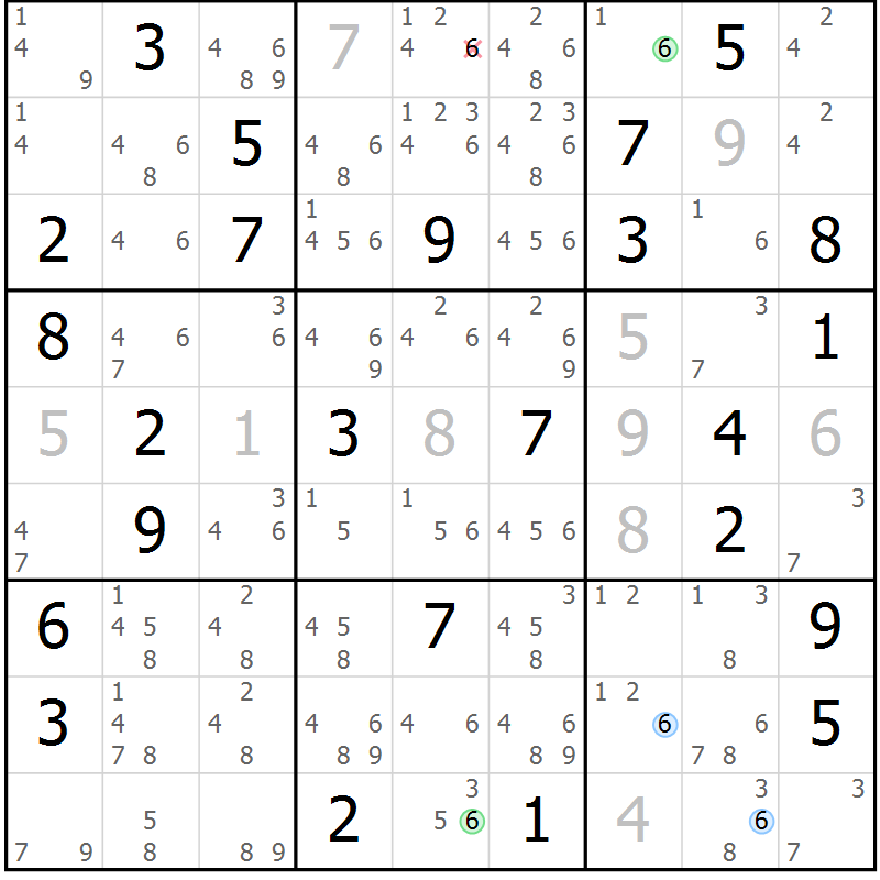 Position des candidats pour la solution de la Gr 40 page 43 du magazine de sudoku Suprême n° 023