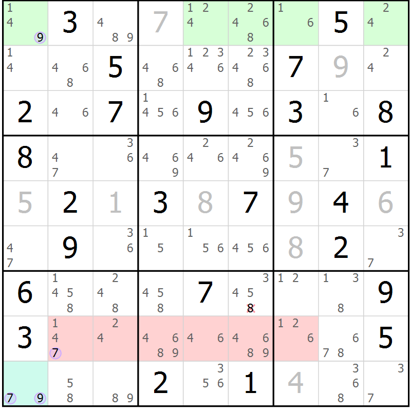 Position des candidats pour la solution de la Gr 40 page 43 du magazine de sudoku Suprême n° 023