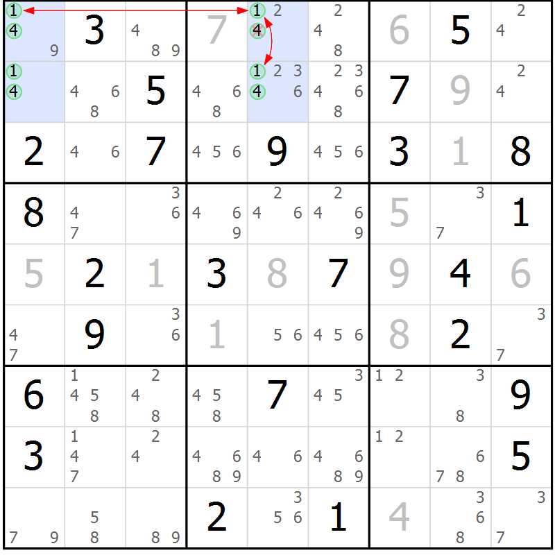 Position des candidats pour la solution de la Gr 40 page 43 du magazine de sudoku Suprême n° 023