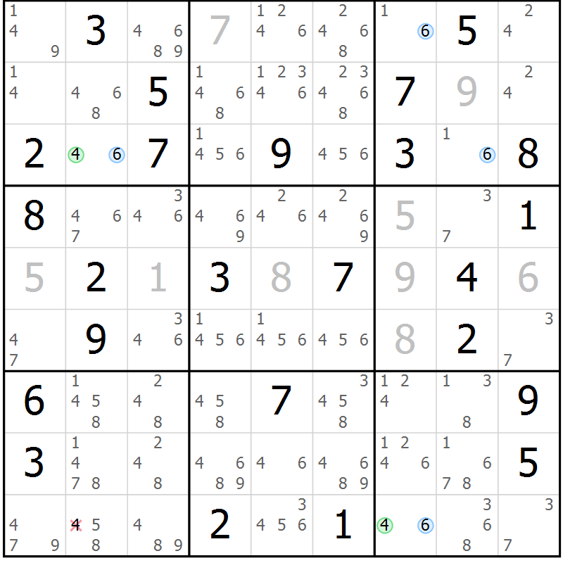 Position des candidats pour la solution de la Gr 40 page 43 du magazine de sudoku Suprême n° 023