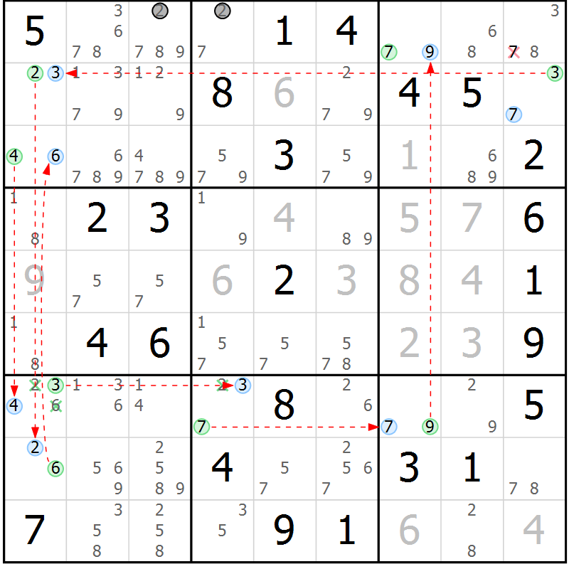 Position des candidats pour la solution de la Gr 41 page 44 du magazine de sudoku Suprême n° 023