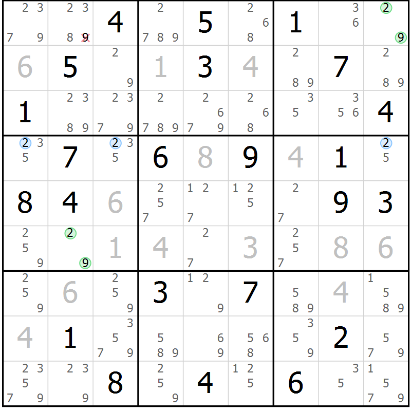 Position des candidats pour la solution de la Gr 43 page 46 du magazine de sudoku Suprême n° 023