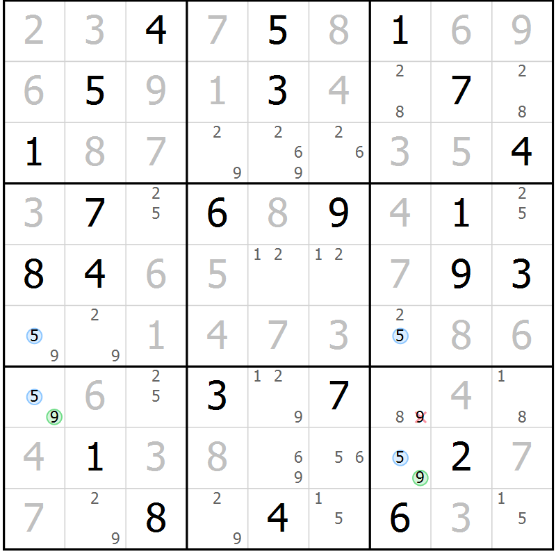 Position des candidats pour la solution de la Gr 43 page 46 du magazine de sudoku Suprême n° 023