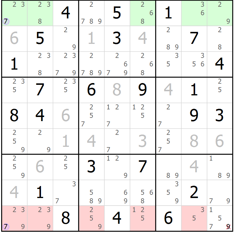 Position des candidats pour la solution de la Gr 43 page 46 du magazine de sudoku Suprême n° 023
