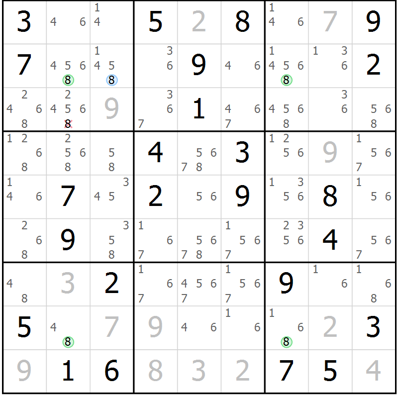 Position des candidats pour la solution de la Gr 45 page 48 du magazine de sudoku Suprême n° 023