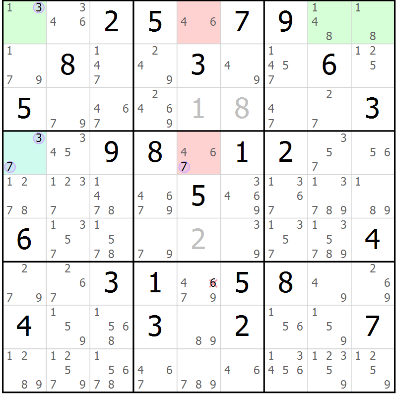Position des candidats pour la solution de la Gr 46 page 49 du magazine de sudoku Suprême n° 023