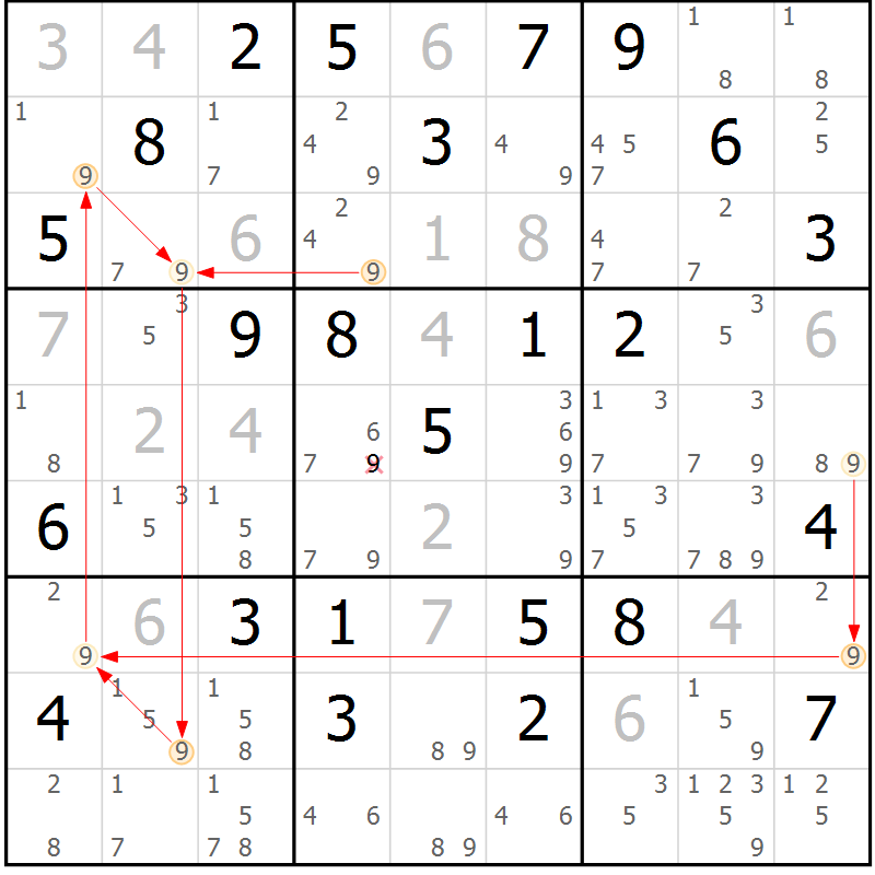 Position des candidats pour la solution de la Gr 46 page 49 du magazine de sudoku Suprême n° 023