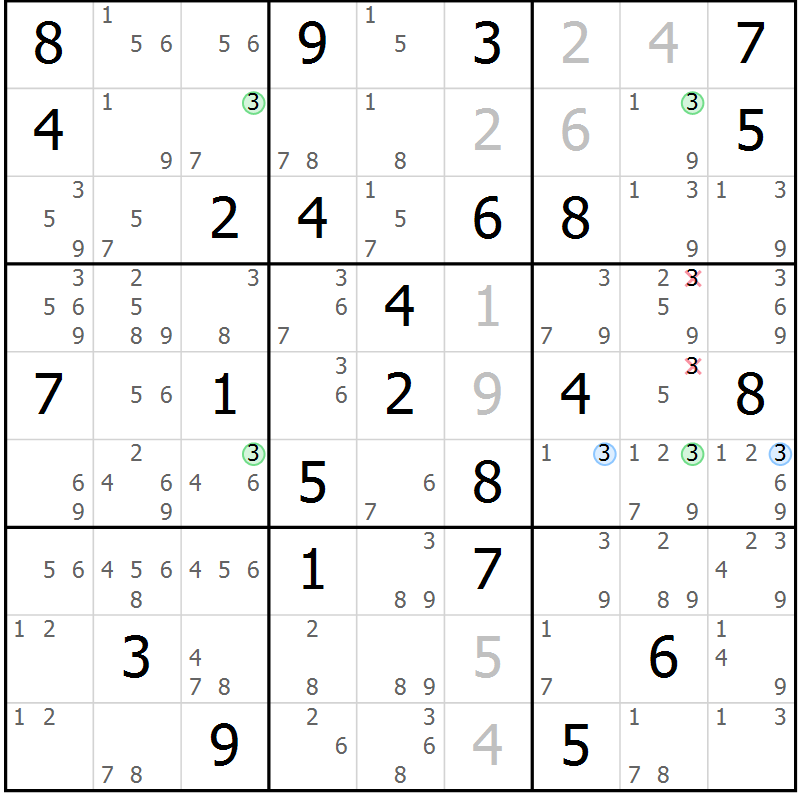 Position des candidats pour la solution de la Gr 49 page 52 du magazine de sudoku Suprême n° 023
