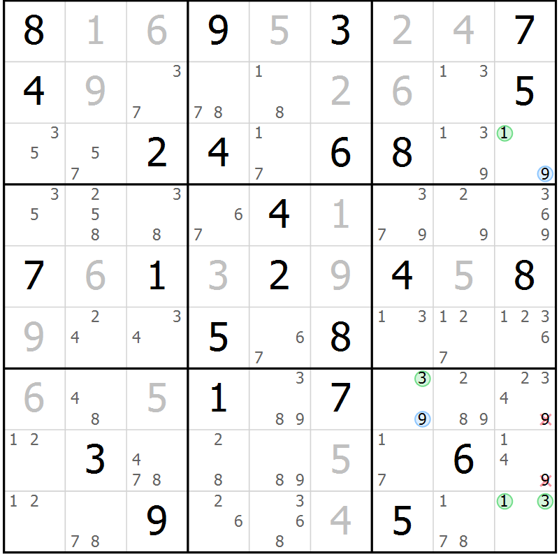 Position des candidats pour la solution de la Gr 49 page 52 du magazine de sudoku Suprême n° 023