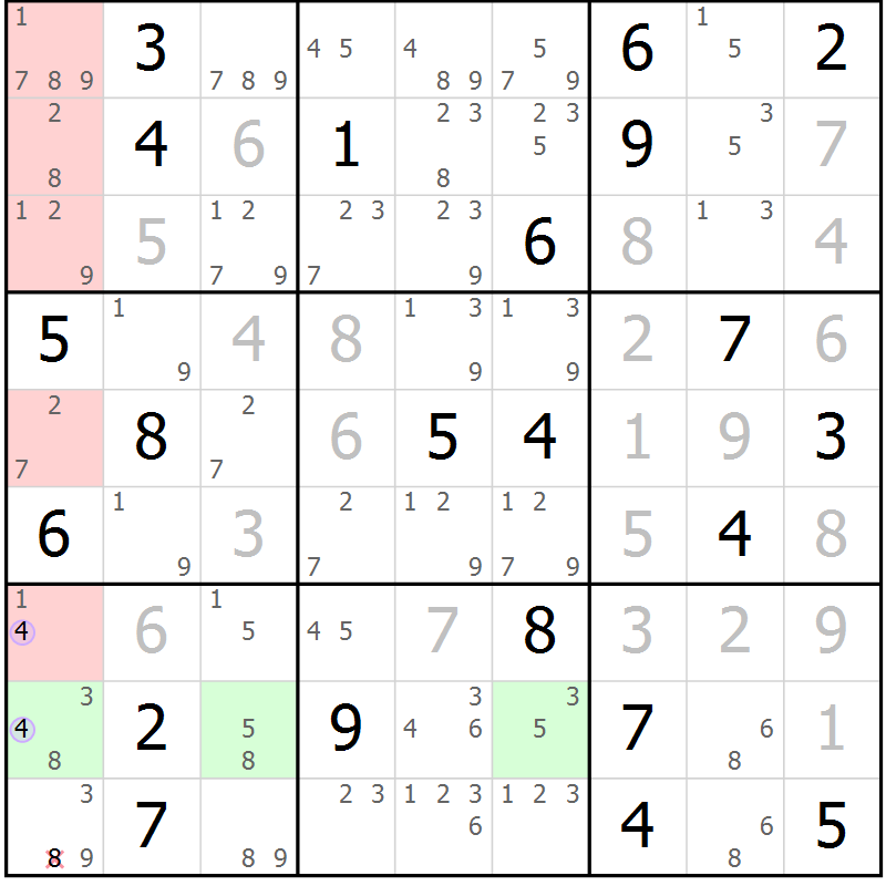 Position des candidats pour la solution de la Gr 5 page 8 du magazine de sudoku Suprême n° 023