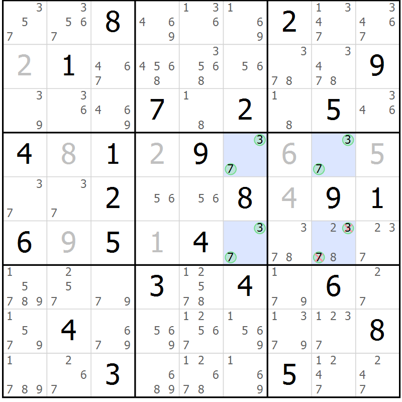 Position des candidats pour la solution de la Gr 50 page 53 du magazine de sudoku Suprême n° 023