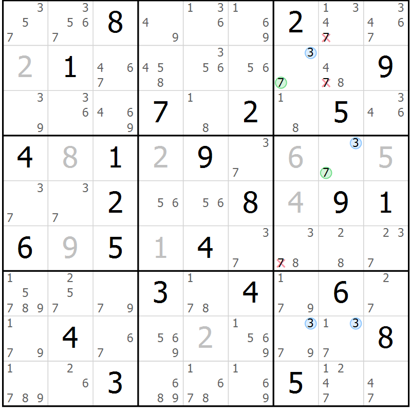Position des candidats pour la solution de la Gr 50 page 53 du magazine de sudoku Suprême n° 023