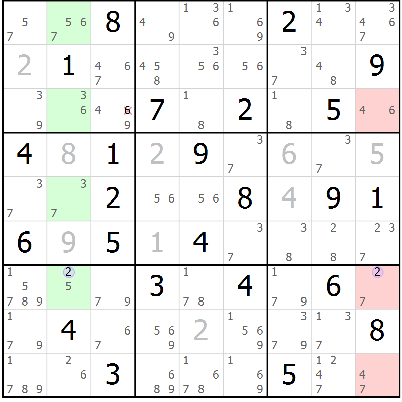 Position des candidats pour la solution de la Gr 50 page 53 du magazine de sudoku Suprême n° 023