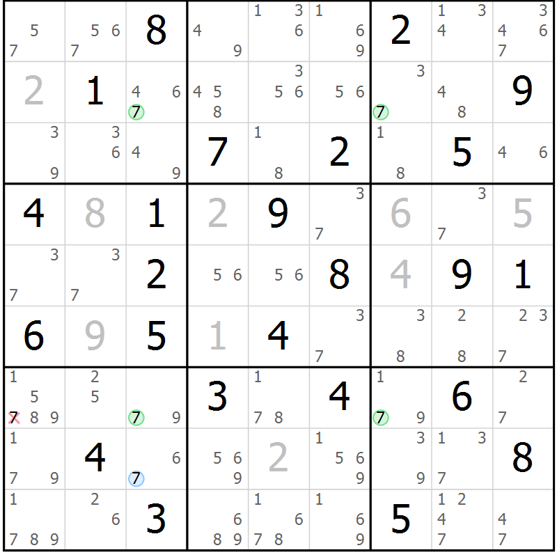 Position des candidats pour la solution de la Gr 50 page 53 du magazine de sudoku Suprême n° 023