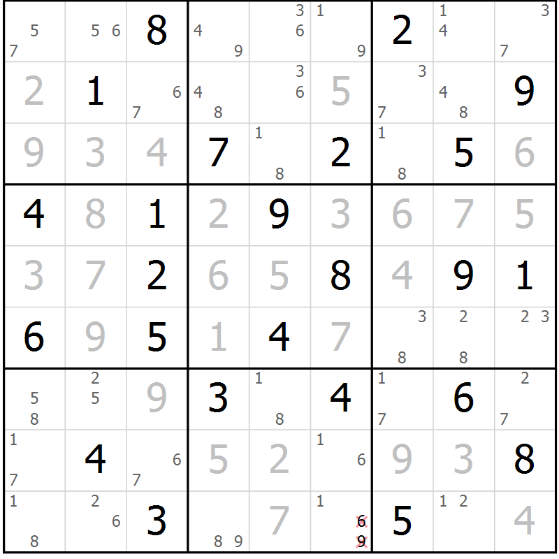 Position des candidats pour la solution de la Gr 50 page 53 du magazine de sudoku Suprême n° 023