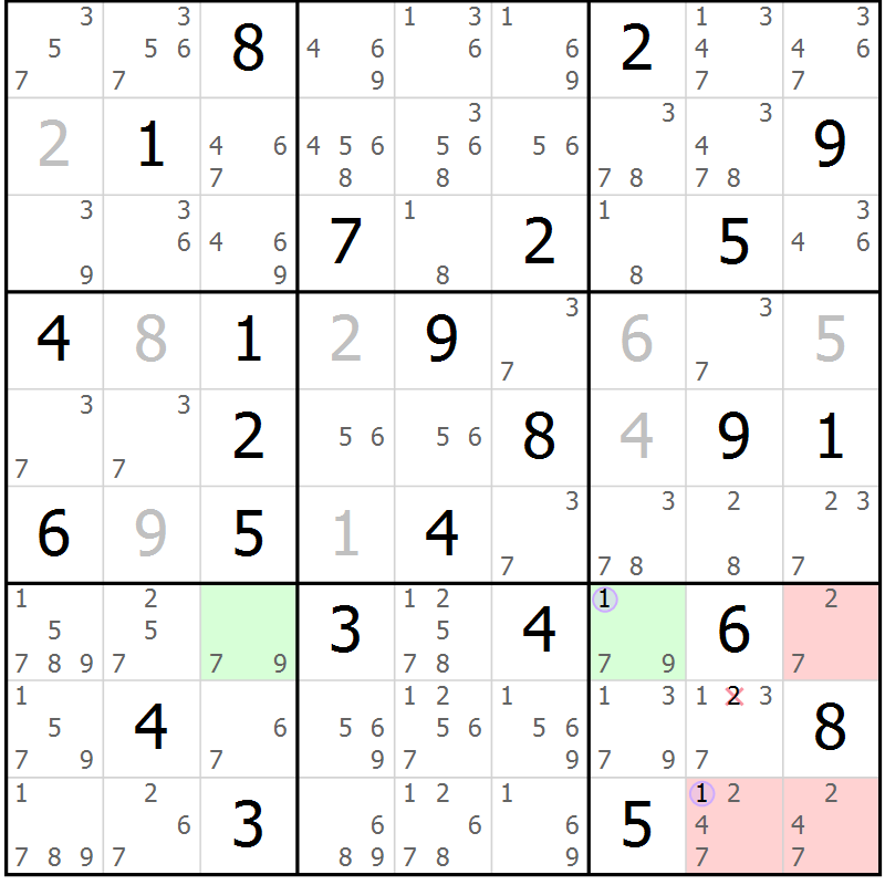 Position des candidats pour la solution de la Gr 50 page 53 du magazine de sudoku Suprême n° 023