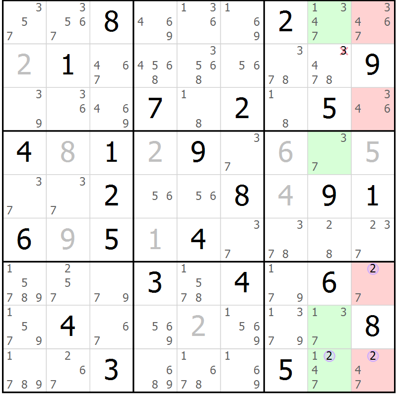 Position des candidats pour la solution de la Gr 50 page 53 du magazine de sudoku Suprême n° 023