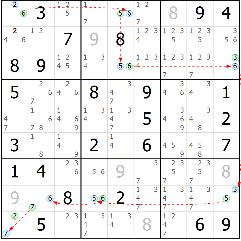 Position des candidats pour la solution de la Gr 51 page 54 du magazine de sudoku Suprême n° 023