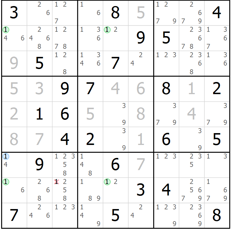 Position des candidats pour la solution de la Gr 54 page 57 du magazine de sudoku Suprême n° 023