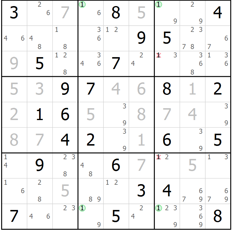 Position des candidats pour la solution de la Gr 54 page 57 du magazine de sudoku Suprême n° 023