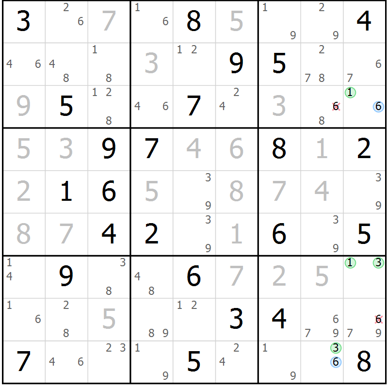 Position des candidats pour la solution de la Gr 54 page 57 du magazine de sudoku Suprême n° 023