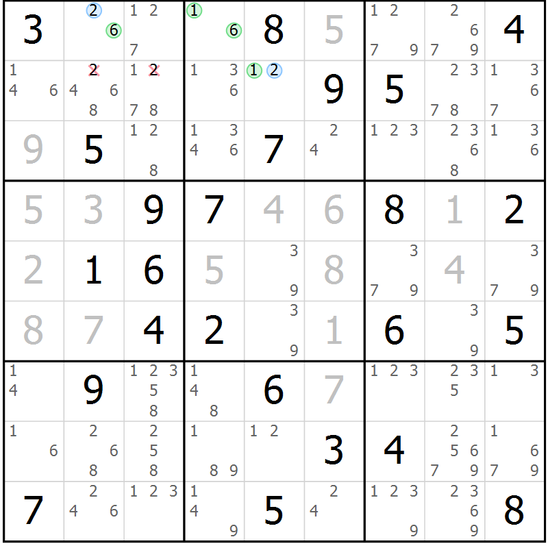 Position des candidats pour la solution de la Gr 54 page 57 du magazine de sudoku Suprême n° 023