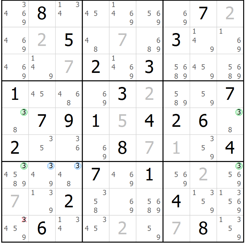 Position des candidats pour la solution de la Gr 56 page 59 du magazine de sudoku Suprême n° 023